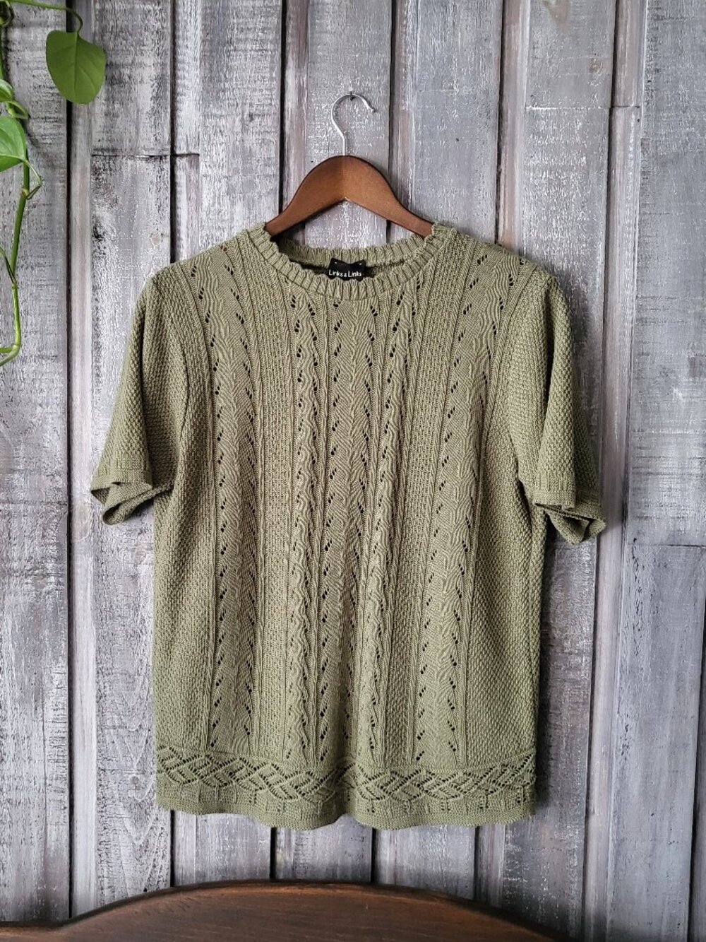 Links & Links Vintage 90s Cable Knit Short Sleeve Sweater Green S